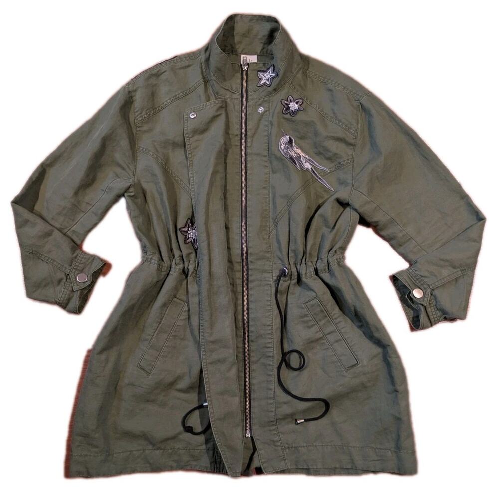 Cabi Linen Blend Embroidered Bird Jacket Womens M Green Utility Cinch Waist Coat - Picture 4 of 10